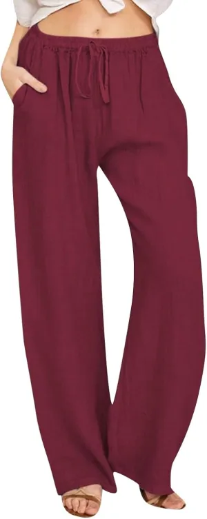 sdbrld Linen Pants for Women,Women Linen Pants 2024 Summer Loose Palazzo Pants Flowy Wide Leg Boho Beach Pants with Pockets