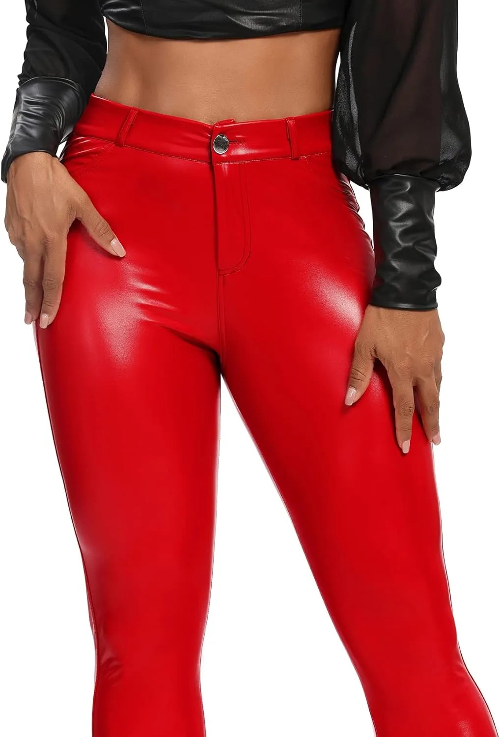 SEASUM Women's Faux Leather Leggings Pants PU Elastic Shaping Hip Push Up Black Sexy Stretchy High Waisted Tights