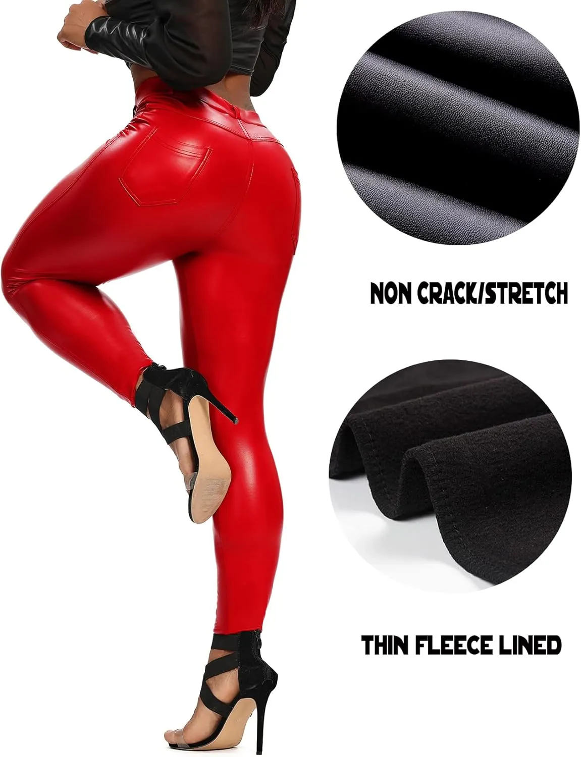 SEASUM Women's Faux Leather Leggings Pants PU Elastic Shaping Hip Push Up Black Sexy Stretchy High Waisted Tights
