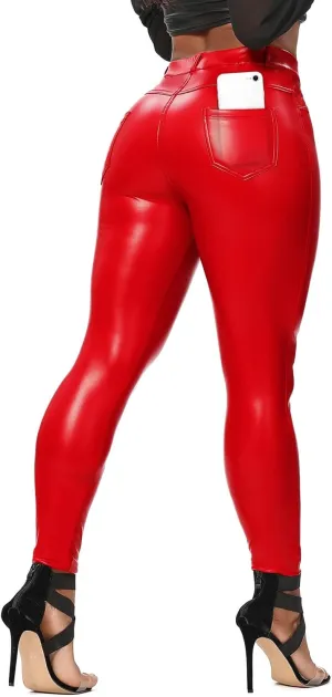 SEASUM Women's Faux Leather Leggings Pants PU Elastic Shaping Hip Push Up Black Sexy Stretchy High Waisted Tights