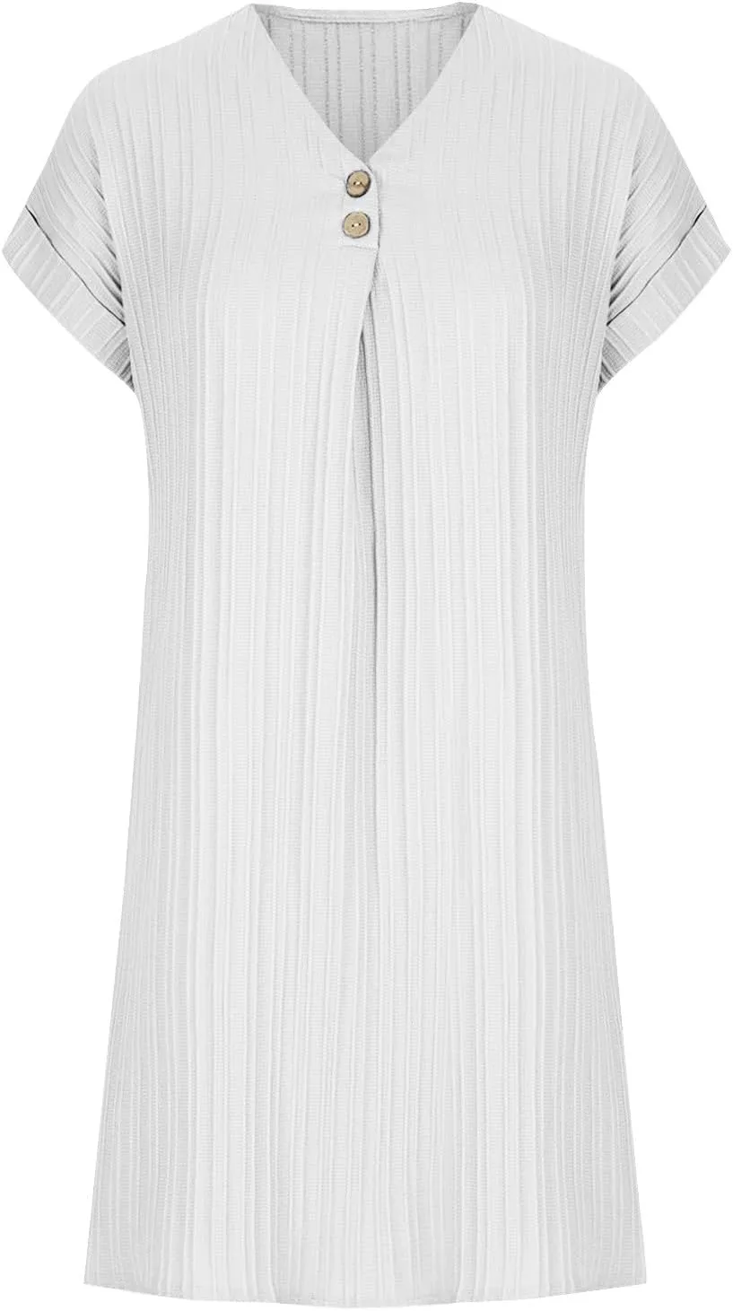 Sinzelimin Shirts Dresses for Women Summer Fashion Button up V-Neck Short Sleeve Loose Comfy Midi Dress Beach Casual Sundress