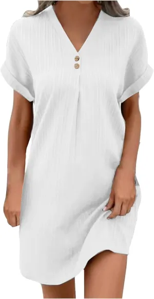 Sinzelimin Shirts Dresses for Women Summer Fashion Button up V-Neck Short Sleeve Loose Comfy Midi Dress Beach Casual Sundress