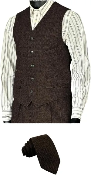 SOLOVEDRESS Men's Vintage Suit Vest Wool Sleeveless Waistcoat Tweed For Wedding Groomsmen