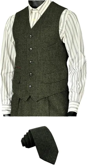 SOLOVEDRESS Men's Vintage Suit Vest Wool Sleeveless Waistcoat Tweed For Wedding Groomsmen