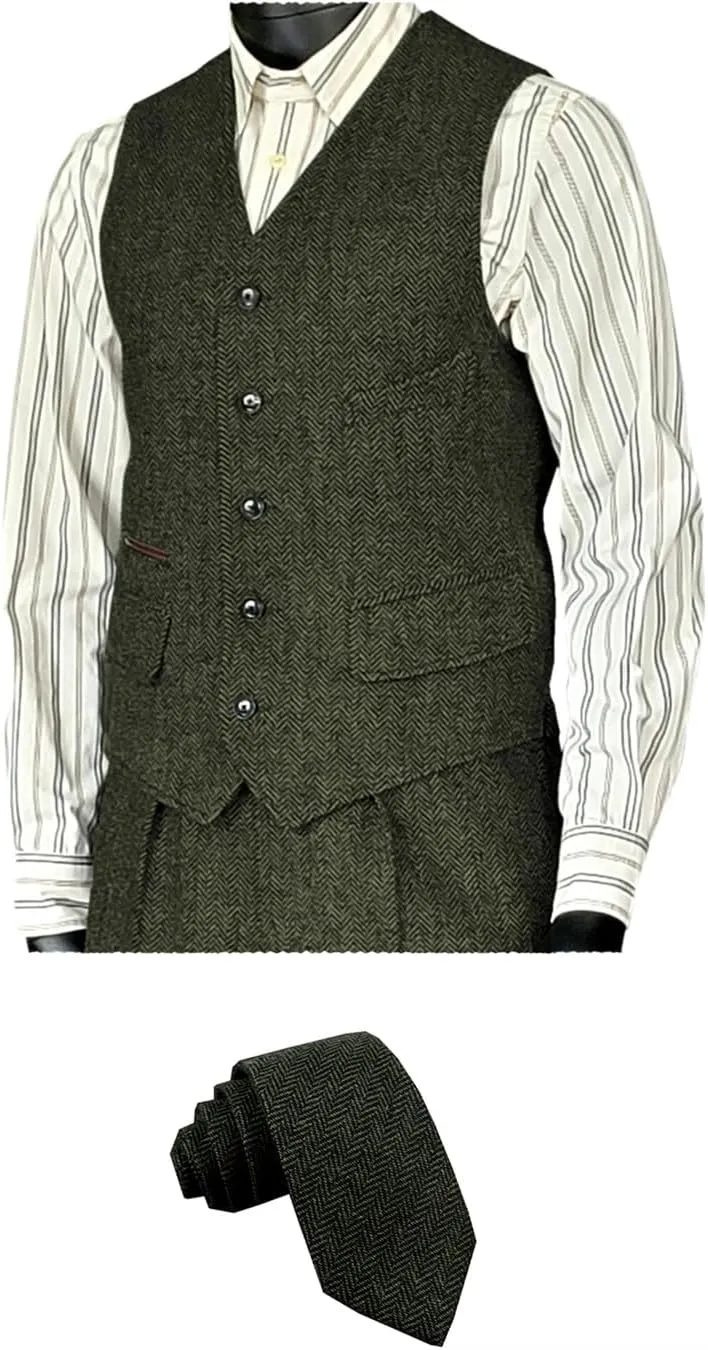 SOLOVEDRESS Men's Vintage Suit Vest Wool Sleeveless Waistcoat Tweed For Wedding Groomsmen