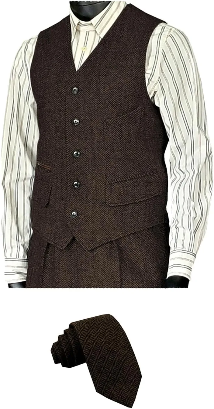 SOLOVEDRESS Men's Vintage Suit Vest Wool Sleeveless Waistcoat Tweed For Wedding Groomsmen