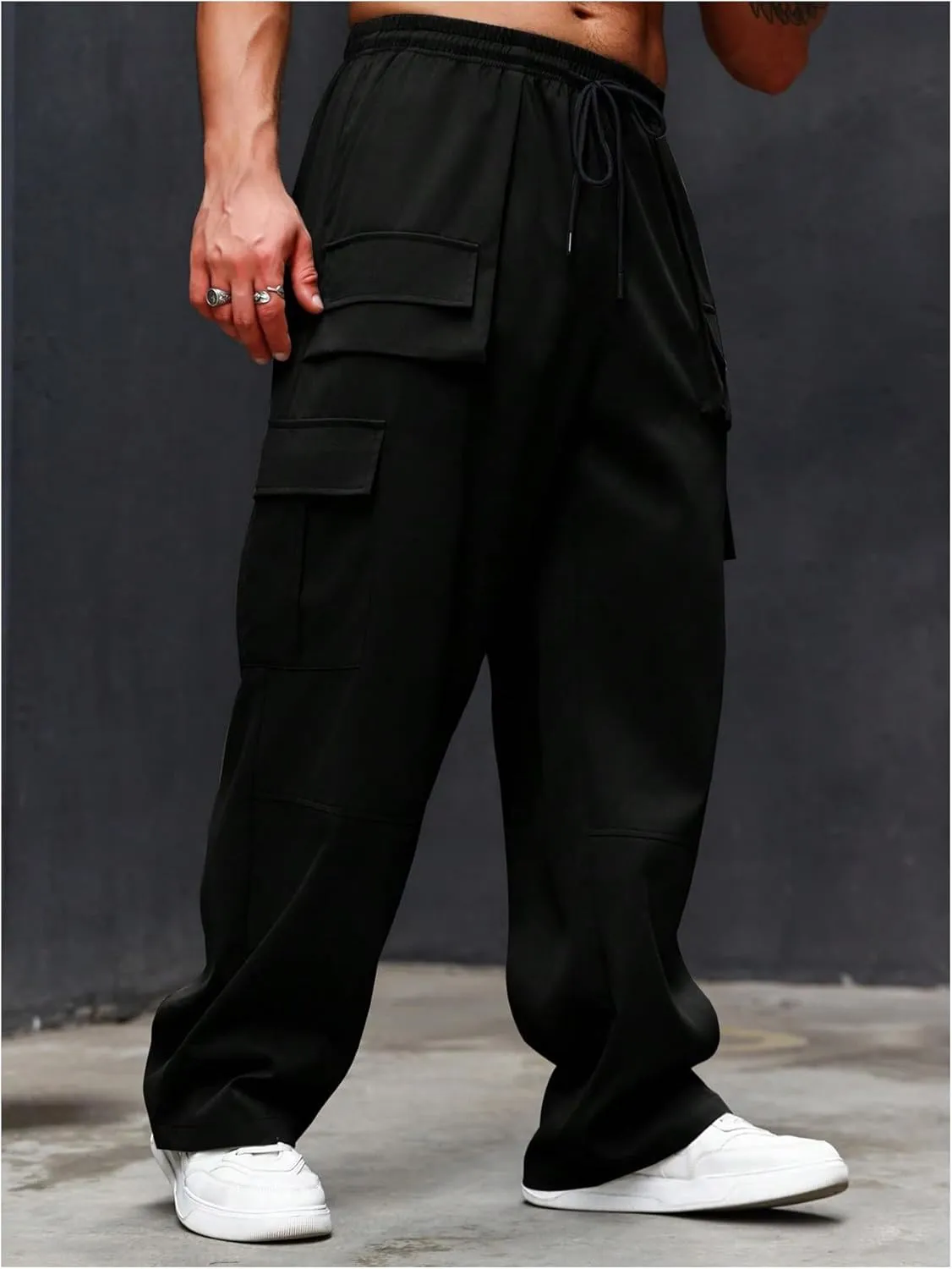SOLY HUX Cargo Pants for Men Plus Size Drawstring Elastic Waist Baggy Pants with Pockets