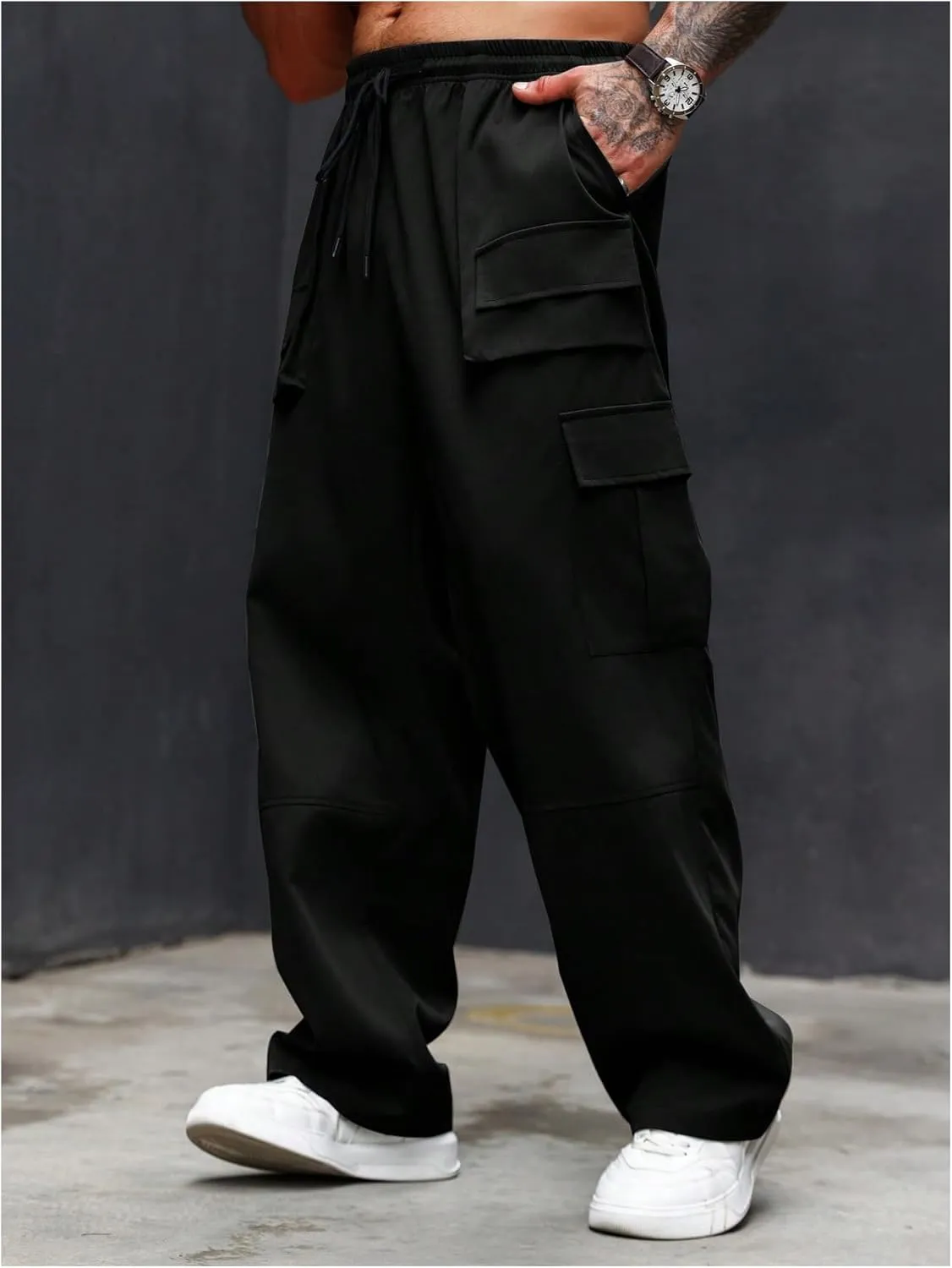 SOLY HUX Cargo Pants for Men Plus Size Drawstring Elastic Waist Baggy Pants with Pockets