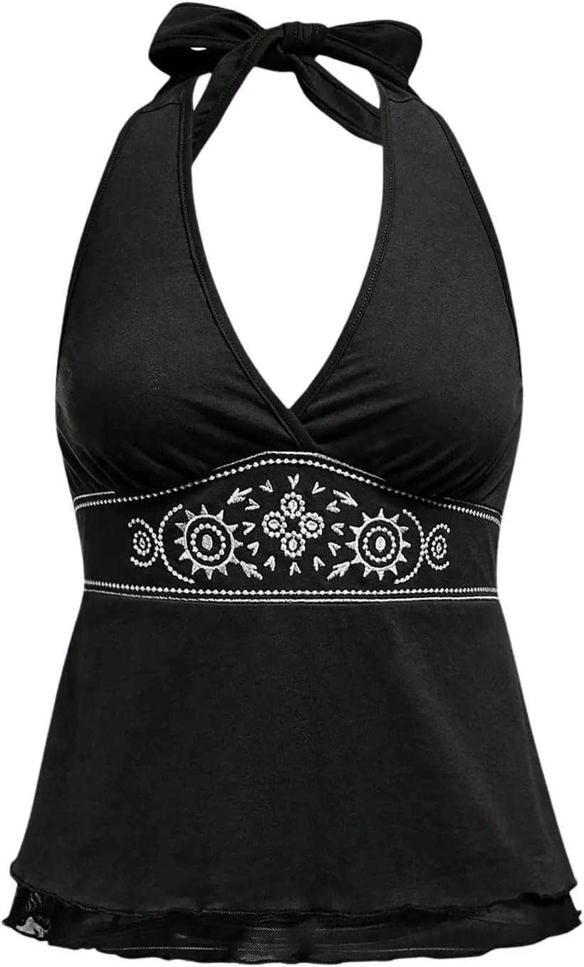 SOLY HUX Women's Y2K Halter Crop Top Floral Deep V Neck Tie Back Tank Tops Sleeveless Going Out Flowy Shirts
