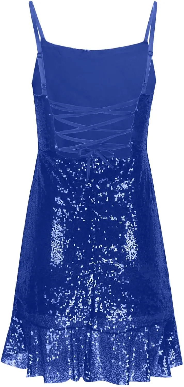 Sparkly Party Dress for Women Sexy Spaghetti Strap Mini Dresses Ruffle Glitter Sling Going Out Short
