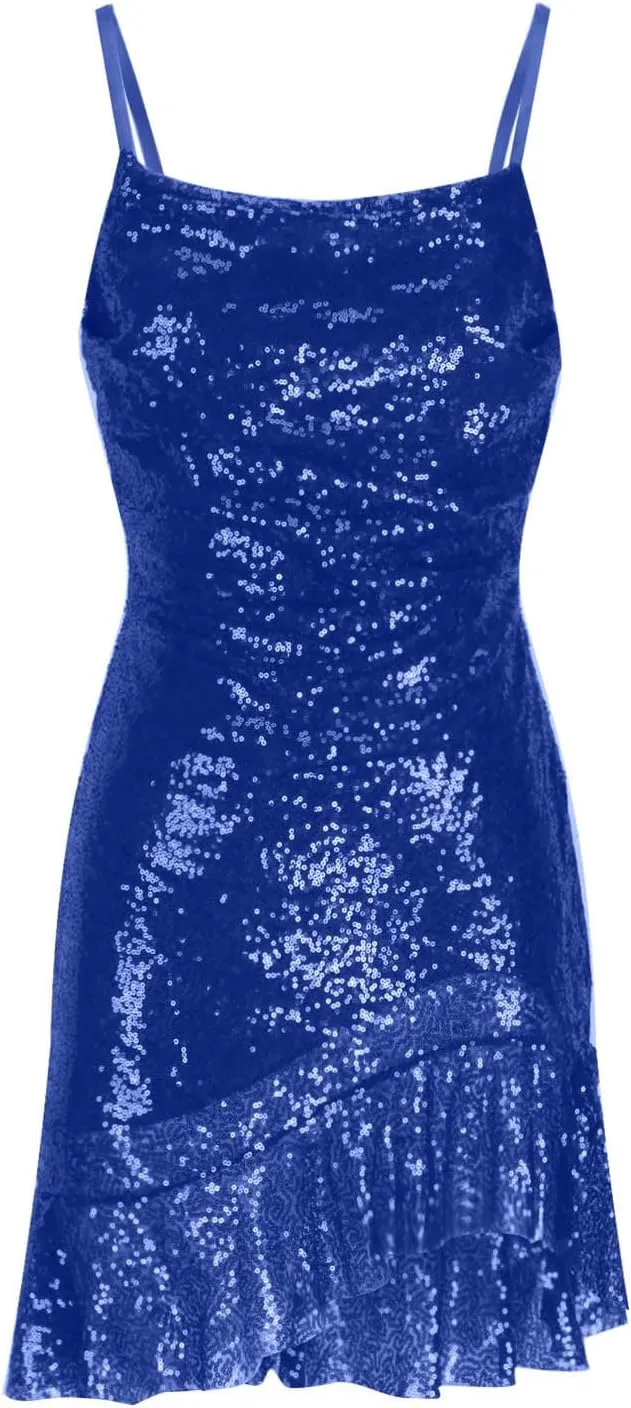 Sparkly Party Dress for Women Sexy Spaghetti Strap Mini Dresses Ruffle Glitter Sling Going Out Short