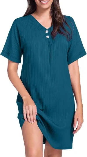 Spring Dresses for Women, Womens Cotton Shirt Dress Summer Casual Short Sleeve Button Down Beach Cover Up Shirts with Pockets