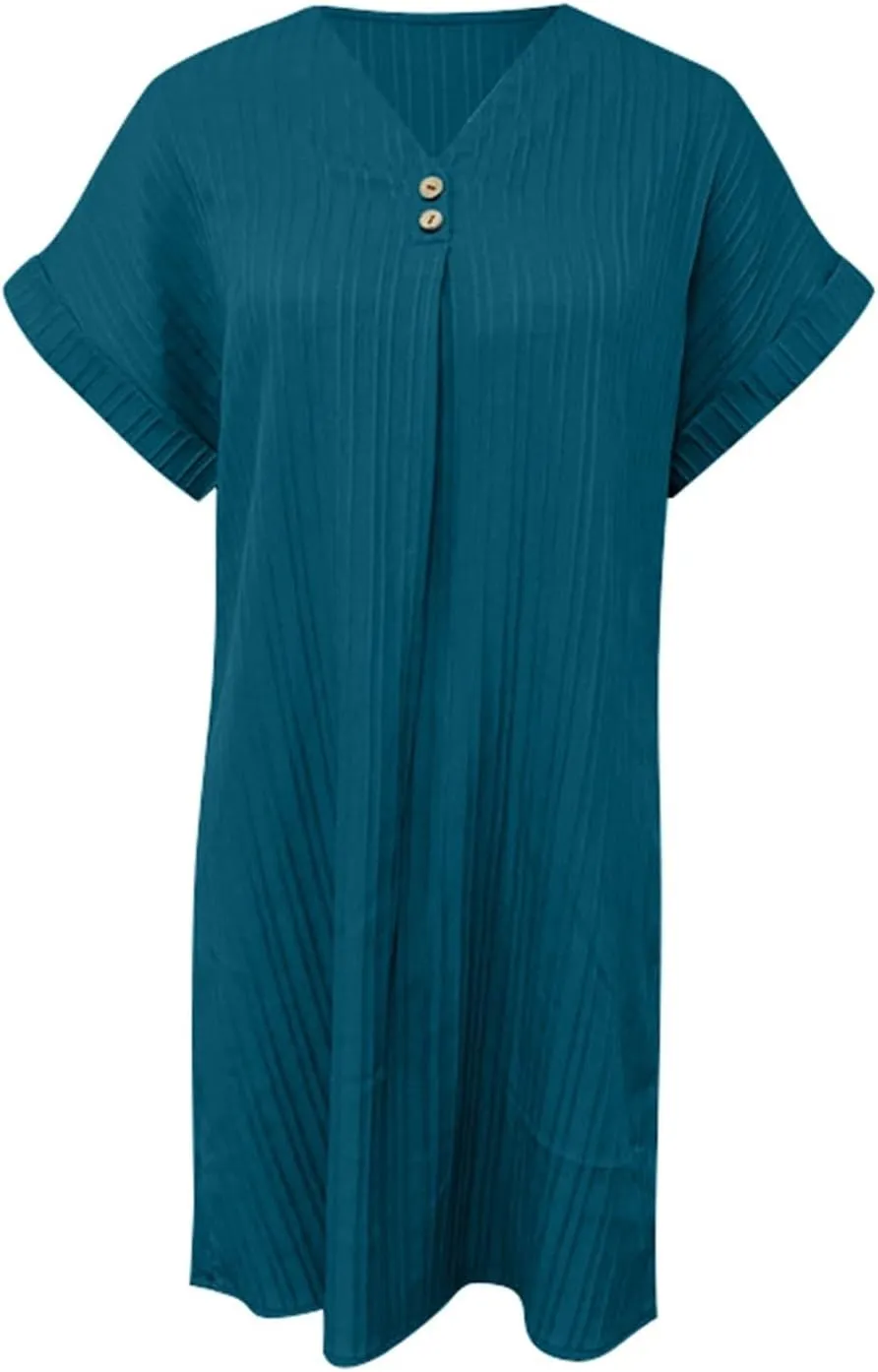 Spring Dresses for Women, Womens Cotton Shirt Dress Summer Casual Short Sleeve Button Down Beach Cover Up Shirts with Pockets