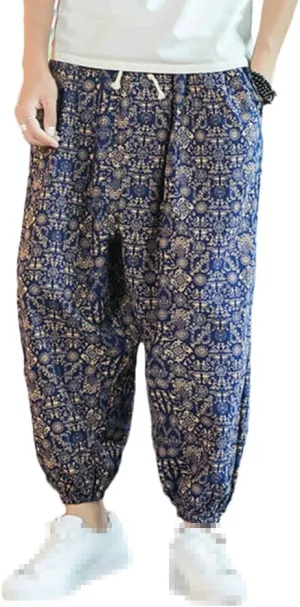 Streetwear Mens Harem Pants Vintage Linen Casual Pants Jogging Male Wide Leg Trousers Big Size