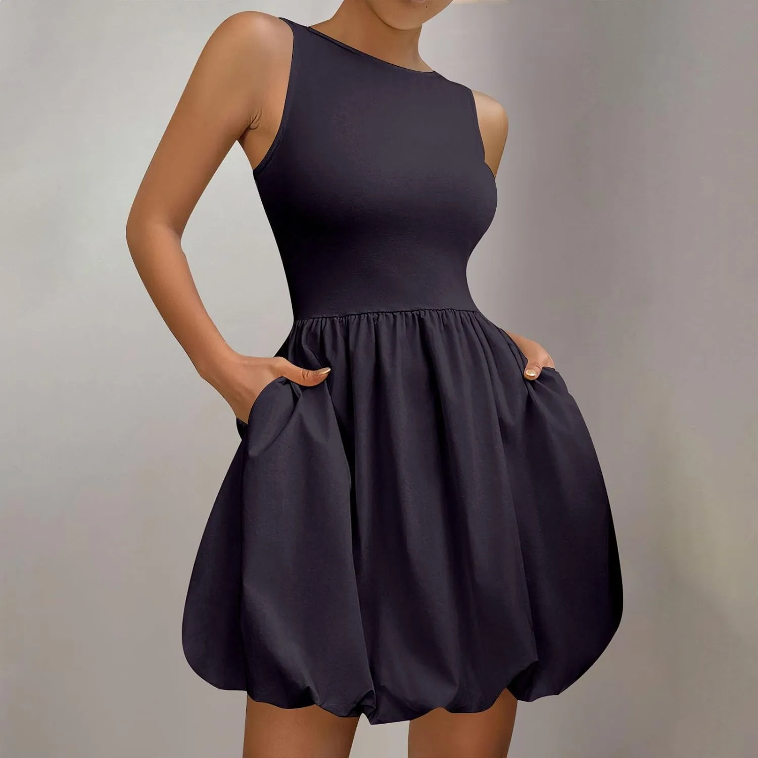 Summer Dresses for Women Casual Sleeveless Mini Bubble Short Tank Dress Cute Drop Waist Cocktail Sundress with Pockets