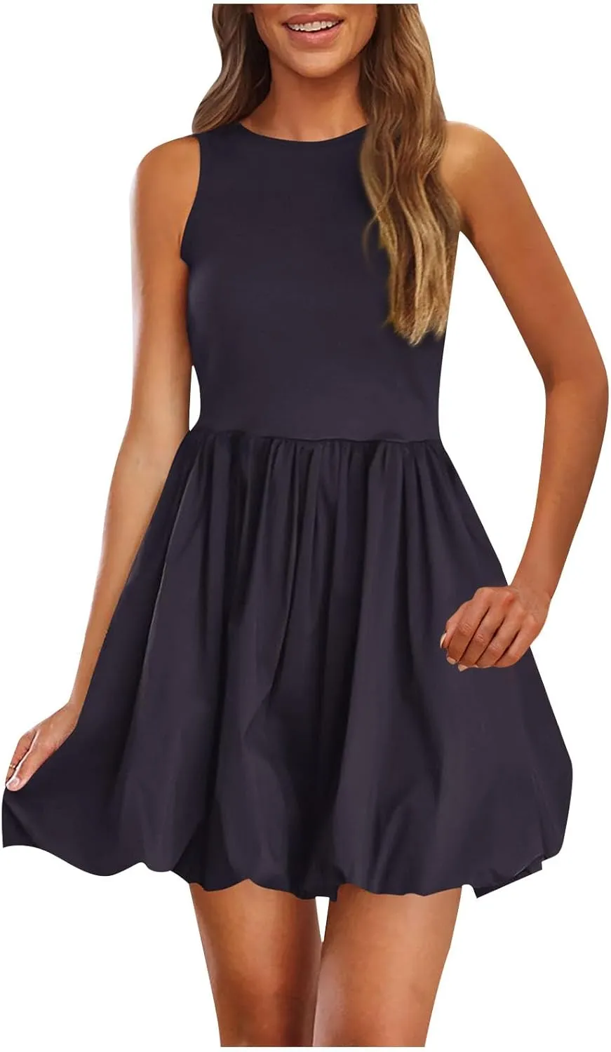 Summer Dresses for Women Casual Sleeveless Mini Bubble Short Tank Dress Cute Drop Waist Cocktail Sundress with Pockets