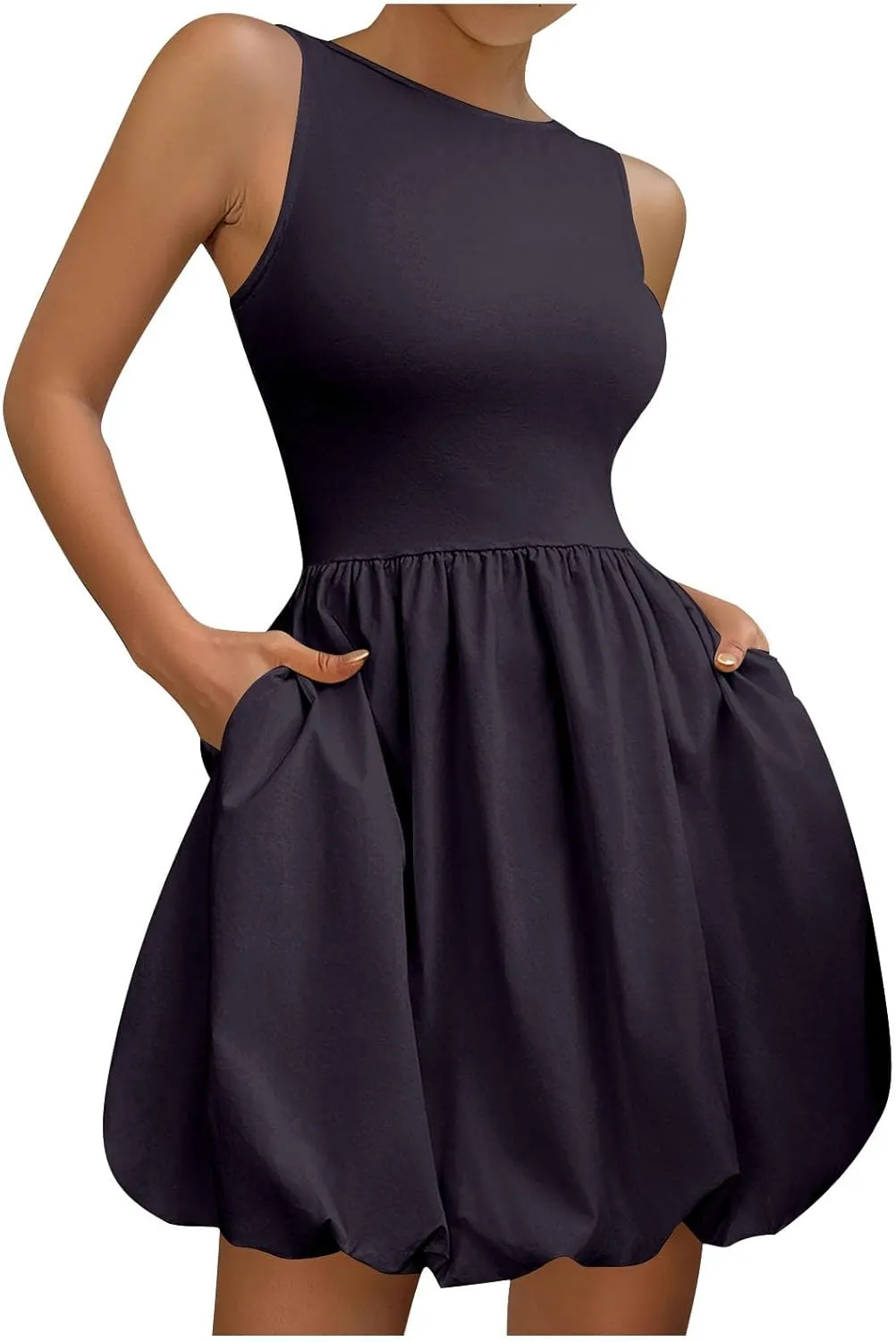 Summer Dresses for Women Casual Sleeveless Mini Bubble Short Tank Dress Cute Drop Waist Cocktail Sundress with Pockets