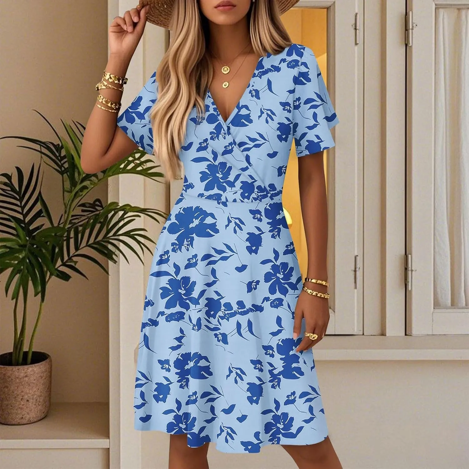 Summer Midi Dresses for Women Cute Boho Floral Fit and Flare Dress Fashion Beach Vacation Clothes