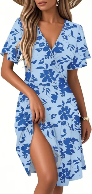 Summer Midi Dresses for Women Cute Boho Floral Fit and Flare Dress Fashion Beach Vacation Clothes