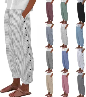 Summer Pants for Women Striped Printed Side Button Pants Baggy Elastic Waist Straight Leg Trousers with Pocket