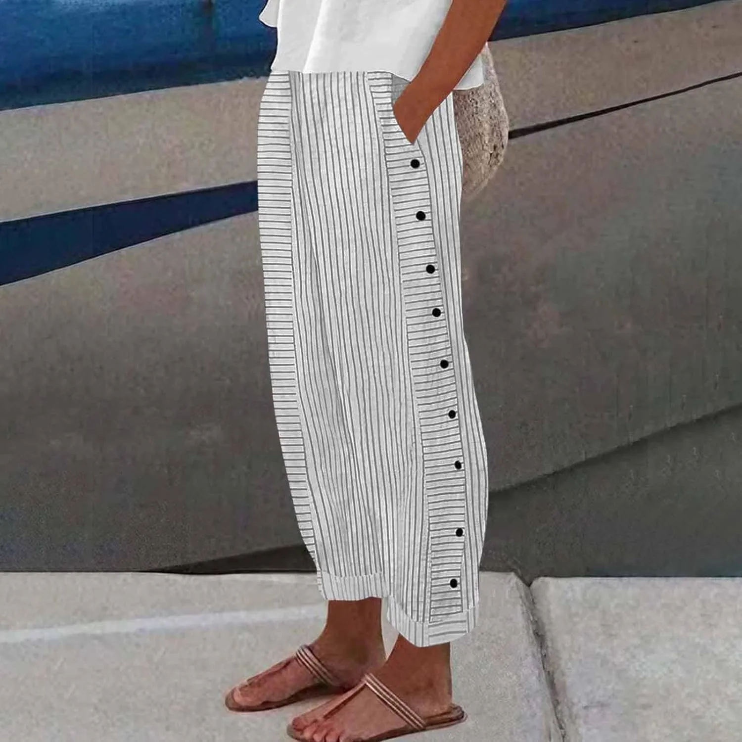 Summer Pants for Women Striped Printed Side Button Pants Baggy Elastic Waist Straight Leg Trousers with Pocket