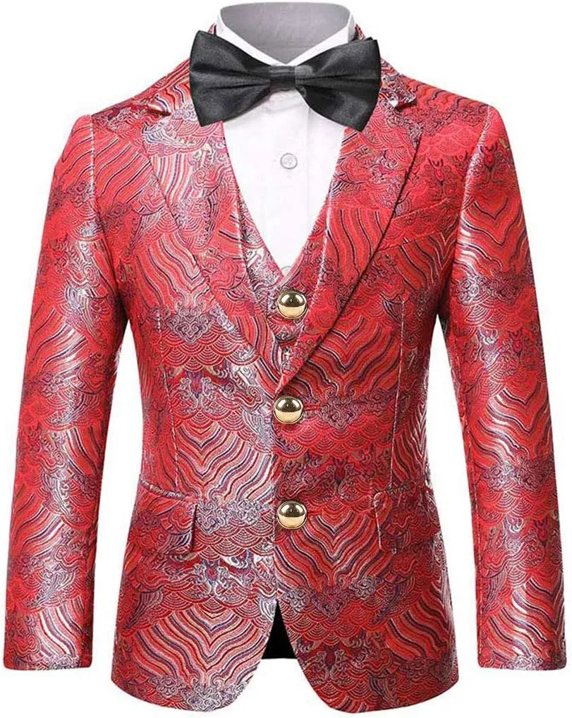 SWOTGdoby Boys 3 Pieces Suit Slim Fit Jacquard Tuxedo Formal Shawl Collar Jacket Vest Pants Ring Bearer Outfit Wedding Prom