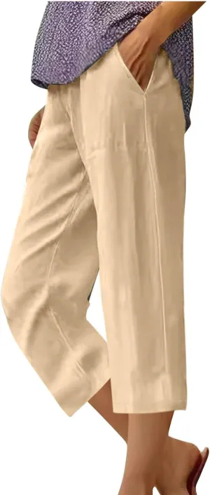 TANGNADE Women Capris for Summer Elastic Waist Loose Fit Capri Cotton Linen Pants Lightweight Casual Travel Ladies Trouser