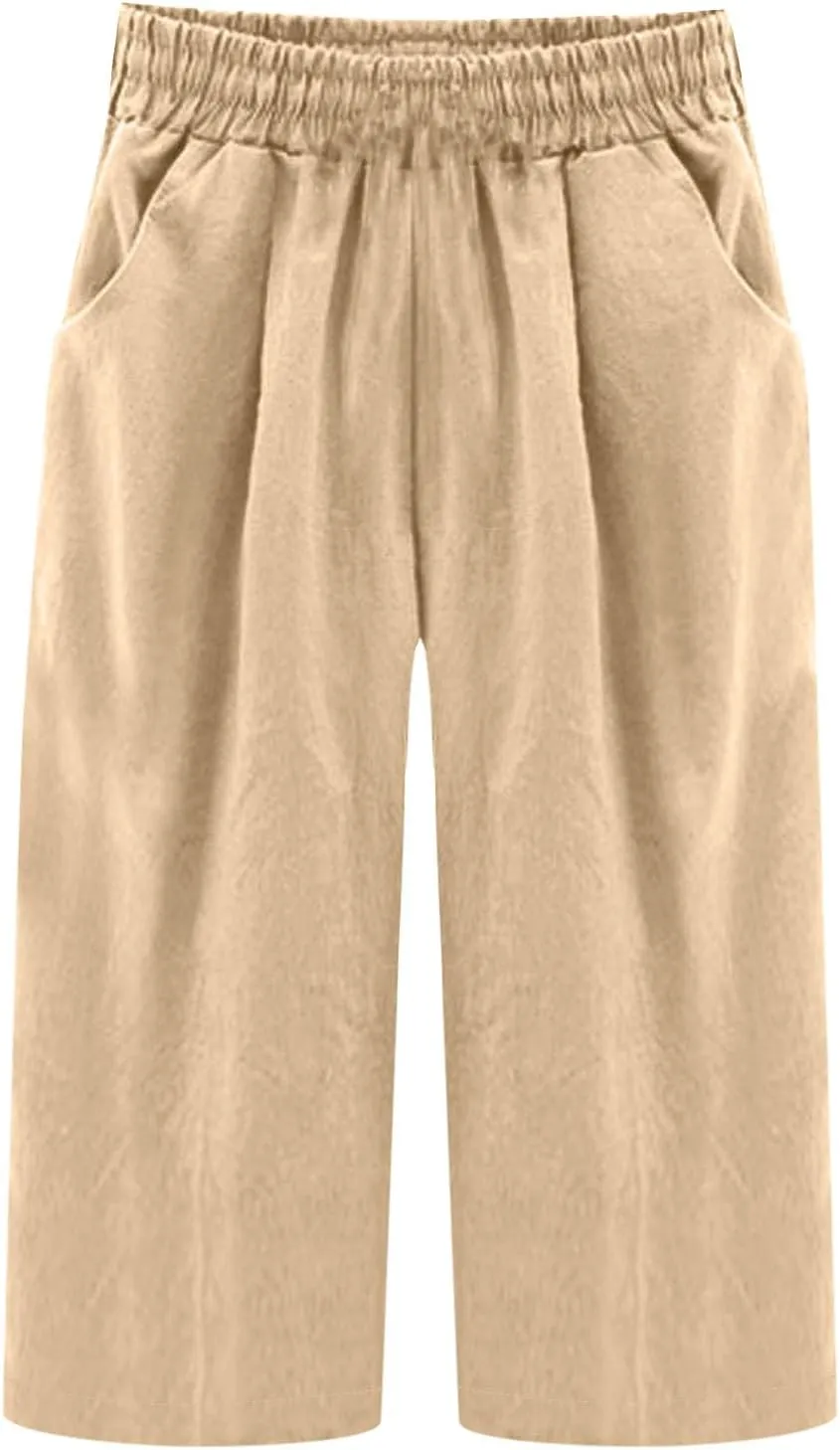 TANGNADE Women Capris for Summer Elastic Waist Loose Fit Capri Cotton Linen Pants Lightweight Casual Travel Ladies Trouser