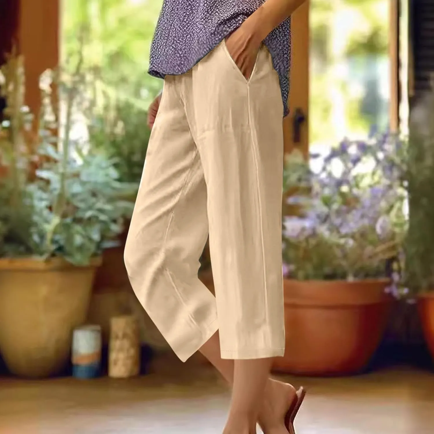 TANGNADE Women Capris for Summer Elastic Waist Loose Fit Capri Cotton Linen Pants Lightweight Casual Travel Ladies Trouser