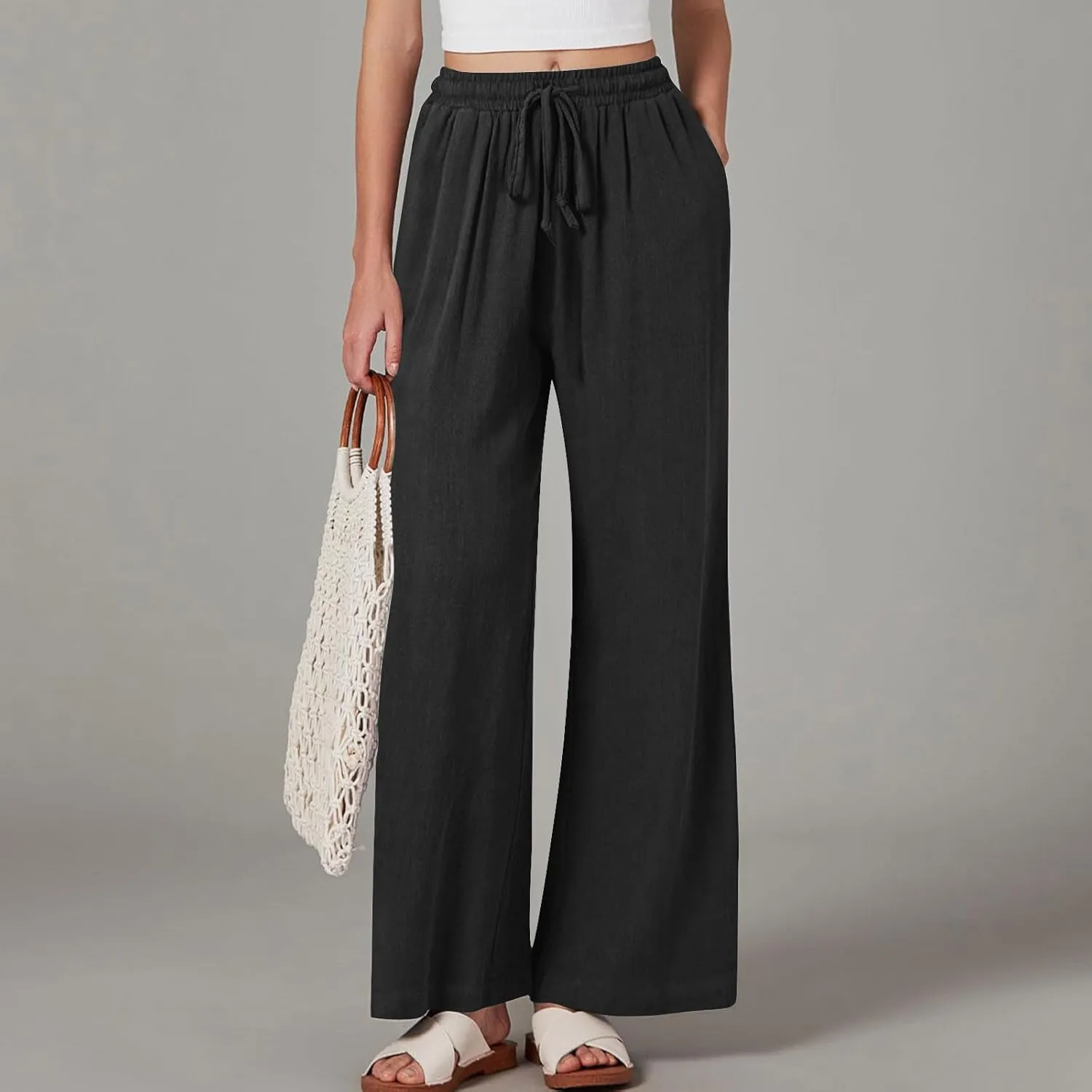 TANGNADE Womens Cotton Linen Pants with Pockets Straight Leg Loose Elastic High Waisted Comfy Summer Lounge Trousers
