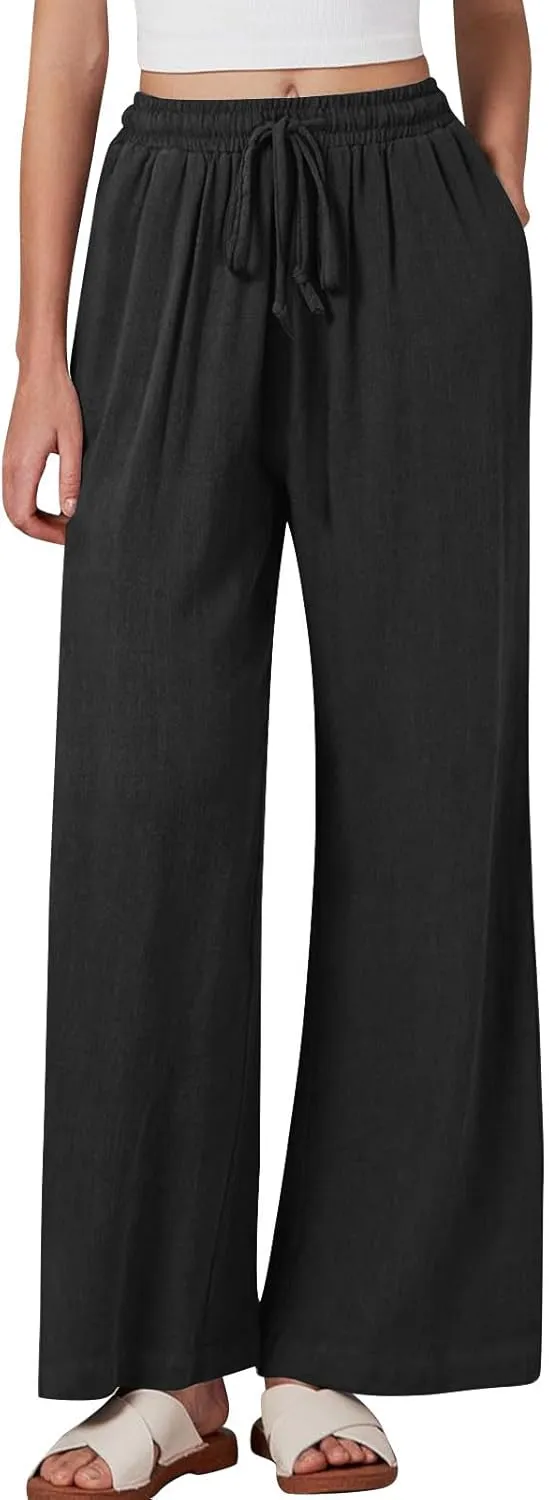 TANGNADE Womens Cotton Linen Pants with Pockets Straight Leg Loose Elastic High Waisted Comfy Summer Lounge Trousers