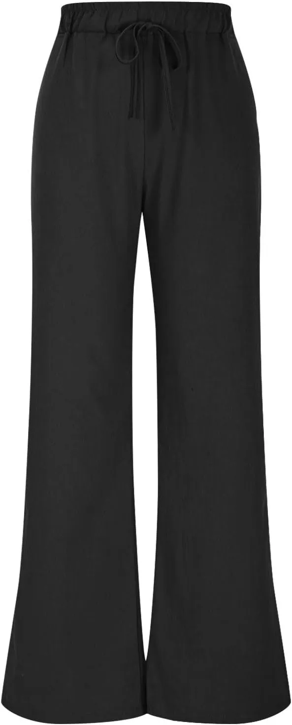 TANGNADE Womens Cotton Linen Pants with Pockets Straight Leg Loose Elastic High Waisted Comfy Summer Lounge Trousers