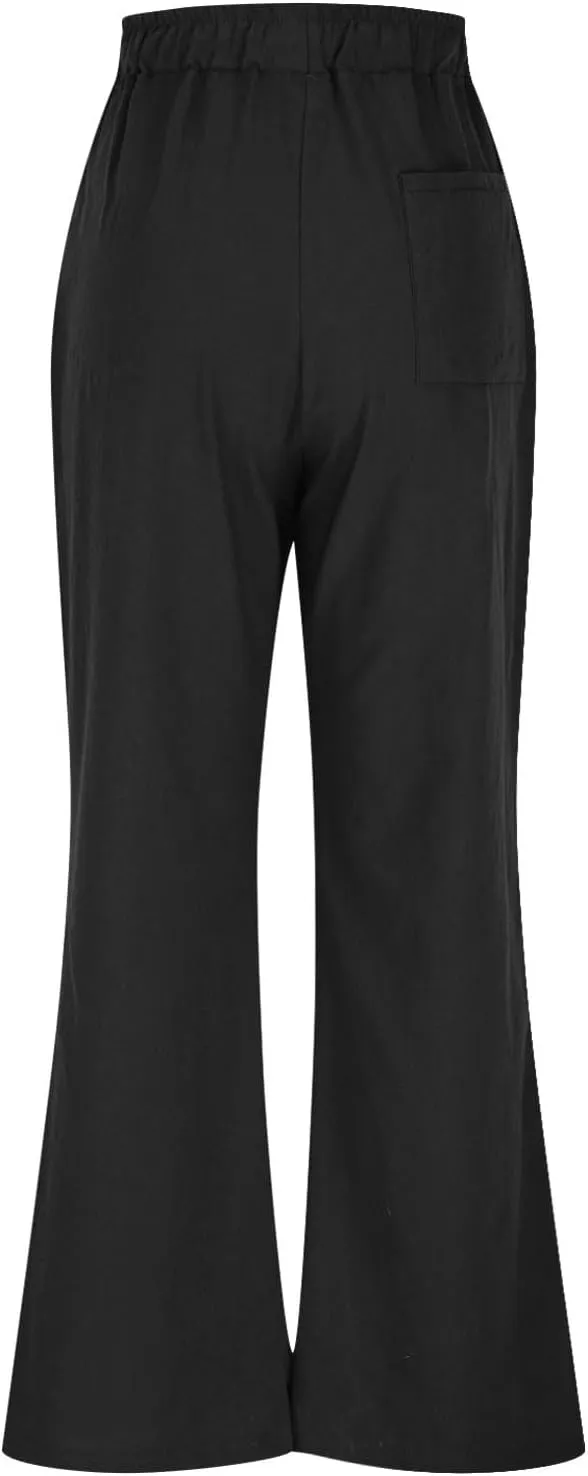 TANGNADE Womens Cotton Linen Pants with Pockets Straight Leg Loose Elastic High Waisted Comfy Summer Lounge Trousers
