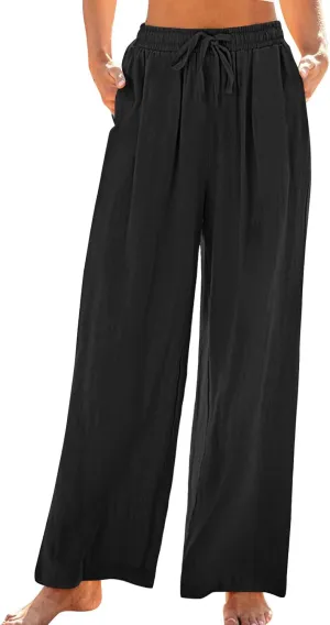 TANGNADE Womens Cotton Linen Pants with Pockets Straight Leg Loose Elastic High Waisted Comfy Summer Lounge Trousers