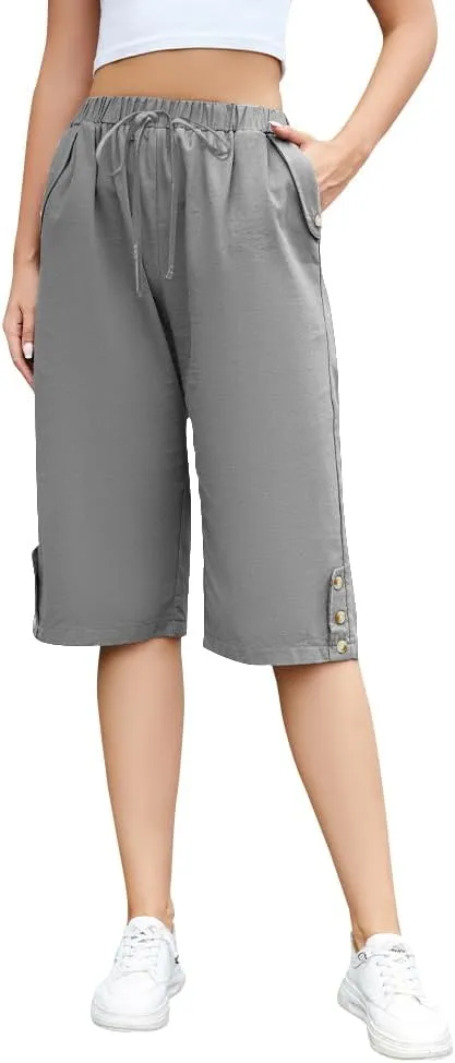 TBA Wide Leg Straight Capri Pants for Women Drawstring Elastic High Waist Joggers Pants Casual Cropped Trousers with Pockets