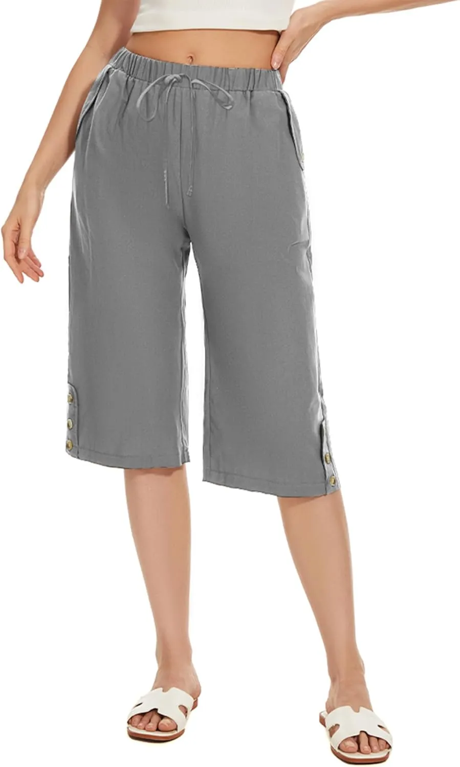 TBA Wide Leg Straight Capri Pants for Women Drawstring Elastic High Waist Joggers Pants Casual Cropped Trousers with Pockets