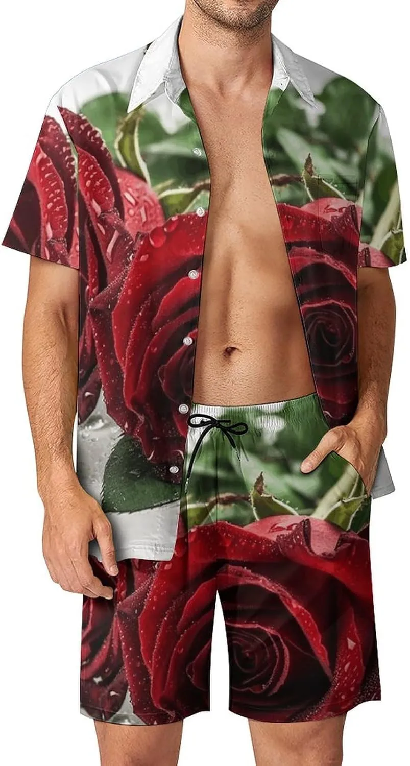 There Is Water on The Flower Mens Swimsuit 2 Pieces Set Quick Dry Shorts Shirts Summer Button Down Short Sleeve Set