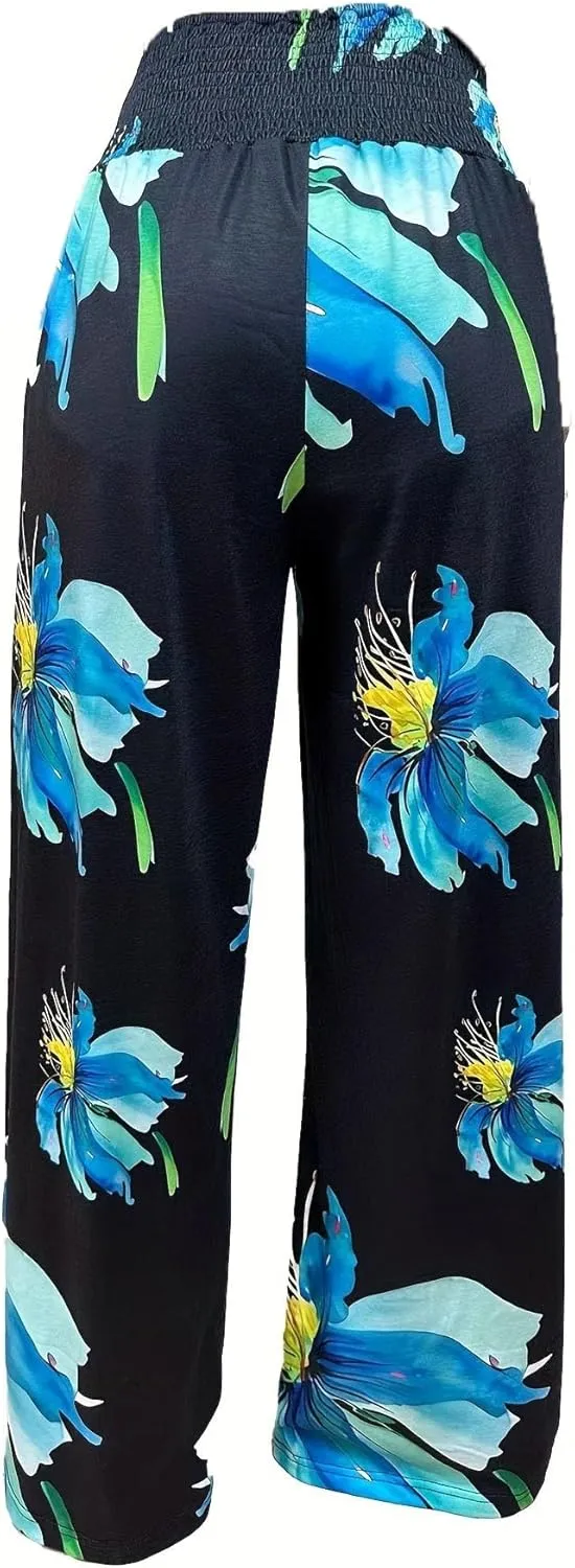 TIAFORD Wide Leg Palazzo Pants for Women Floral Printed Elastic High Waist Linen Pants Flowy Beach Trousers with Pocket