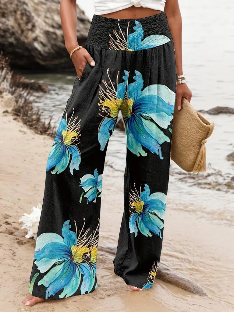 TIAFORD Wide Leg Palazzo Pants for Women Floral Printed Elastic High Waist Linen Pants Flowy Beach Trousers with Pocket