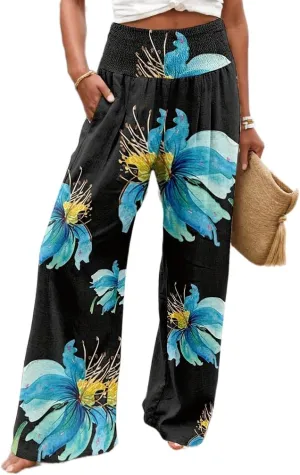 TIAFORD Wide Leg Palazzo Pants for Women Floral Printed Elastic High Waist Linen Pants Flowy Beach Trousers with Pocket