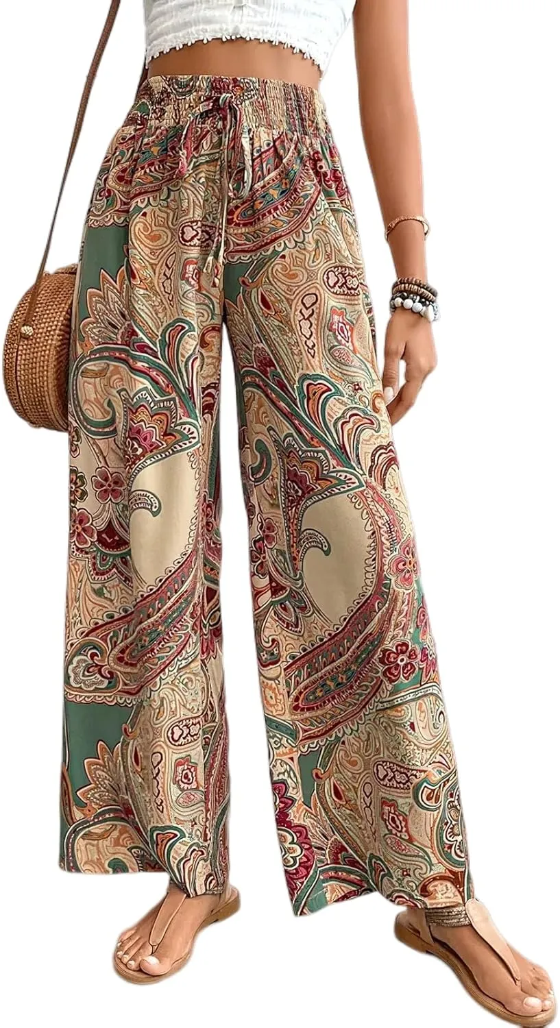 TIAFORD Women's Boho Printed Elastic High Waist Wide Leg Pants Casual Paisley Printed Smocked Waist Loose Pants Trousers