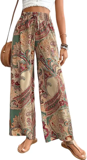 TIAFORD Women's Boho Printed Elastic High Waist Wide Leg Pants Casual Paisley Printed Smocked Waist Loose Pants Trousers