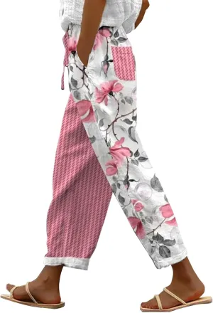 Today Deals Linen Pants Women Summer 2024 Striped Casual Elastic High Waist Straight Leg Loose Boho Trendy Trousers Cropped Trouser, Large, Women1-pink