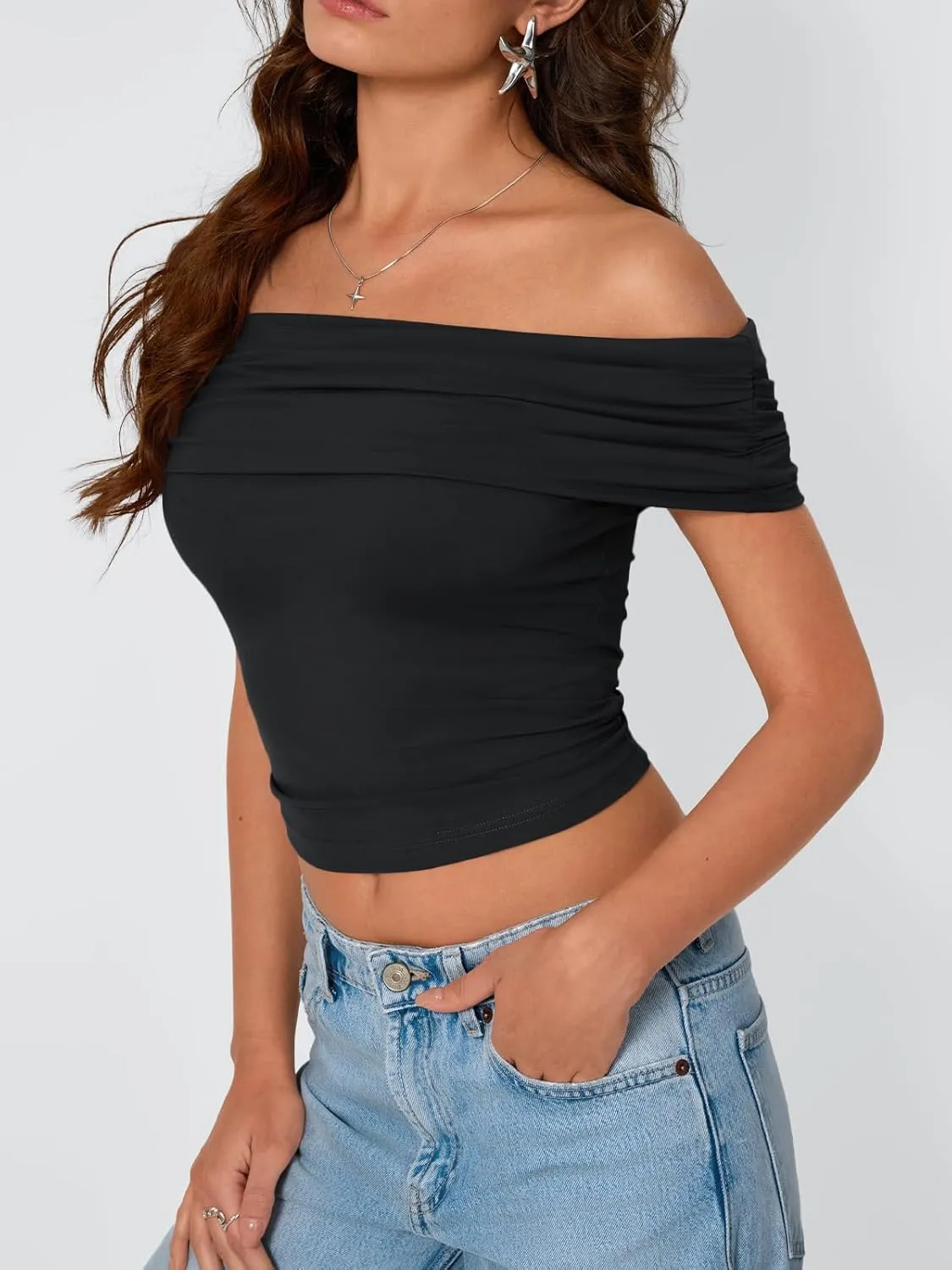 Trendy Queen Womens Off The Shoulder Tops Going Out Crop Summer Cute Y2k Shirts Tube Corset Basic Fashion Outfits 2025