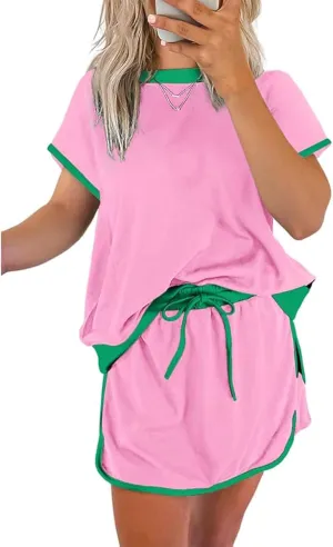 Two Piece Sets for Women Summer Casual Short Sleeve Tshirts and Drawstring Mini Skirts Vacation Lounge Sets