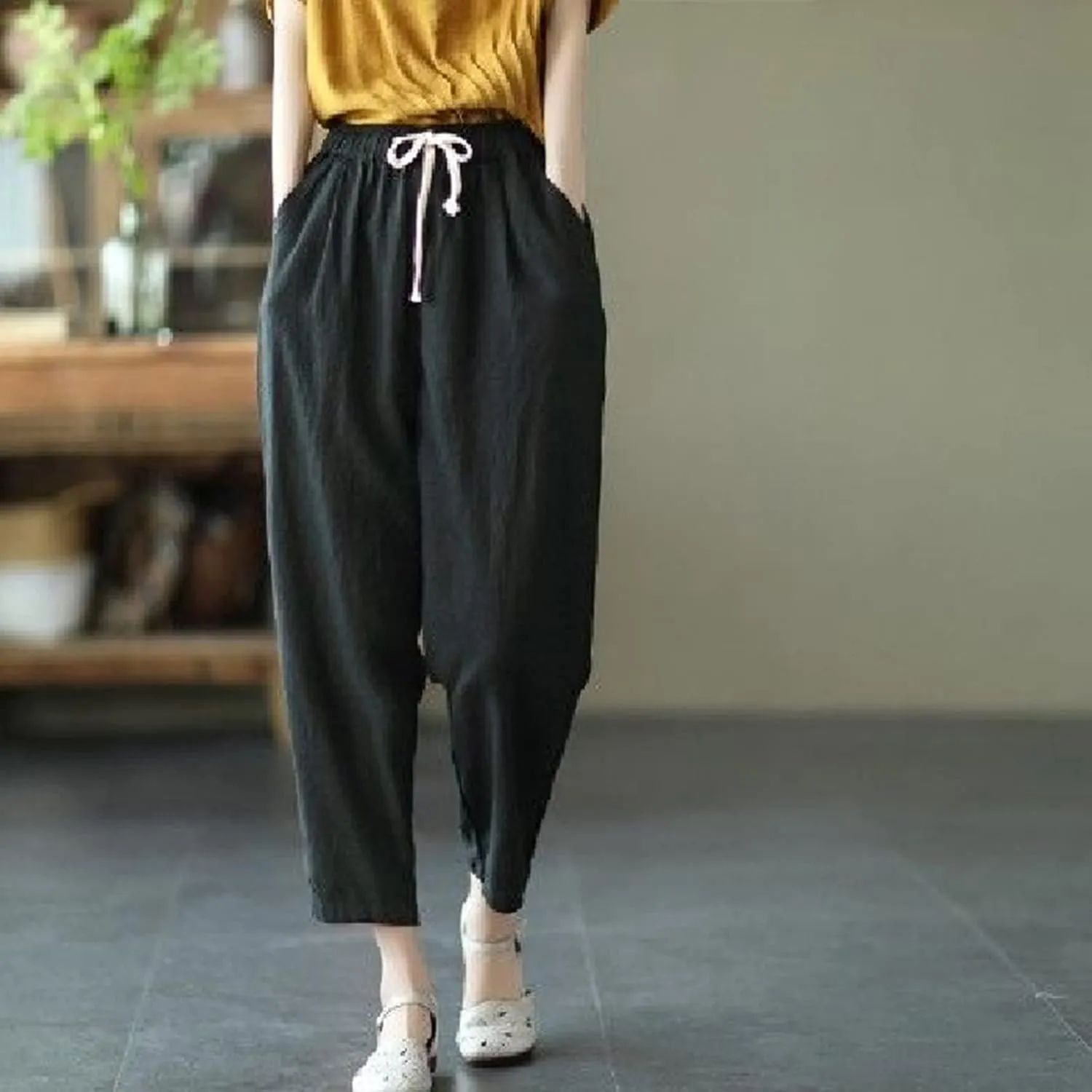 Uillui Womens Cotton Linen Harem Pants Summer Casual Tapered Cropped Baggy Lounge Trouser Lightweight Loose Yoga Capri Pants