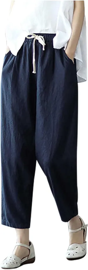 Uillui Womens Cotton Linen Harem Pants Summer Casual Tapered Cropped Baggy Lounge Trouser Lightweight Loose Yoga Capri Pants