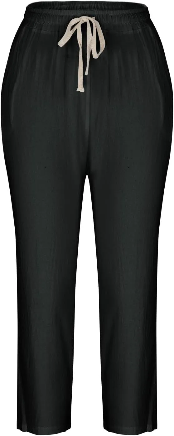 Uillui Womens Cotton Linen Harem Pants Summer Casual Tapered Cropped Baggy Lounge Trouser Lightweight Loose Yoga Capri Pants