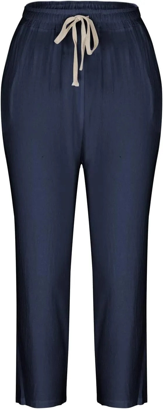 Uillui Womens Cotton Linen Harem Pants Summer Casual Tapered Cropped Baggy Lounge Trouser Lightweight Loose Yoga Capri Pants