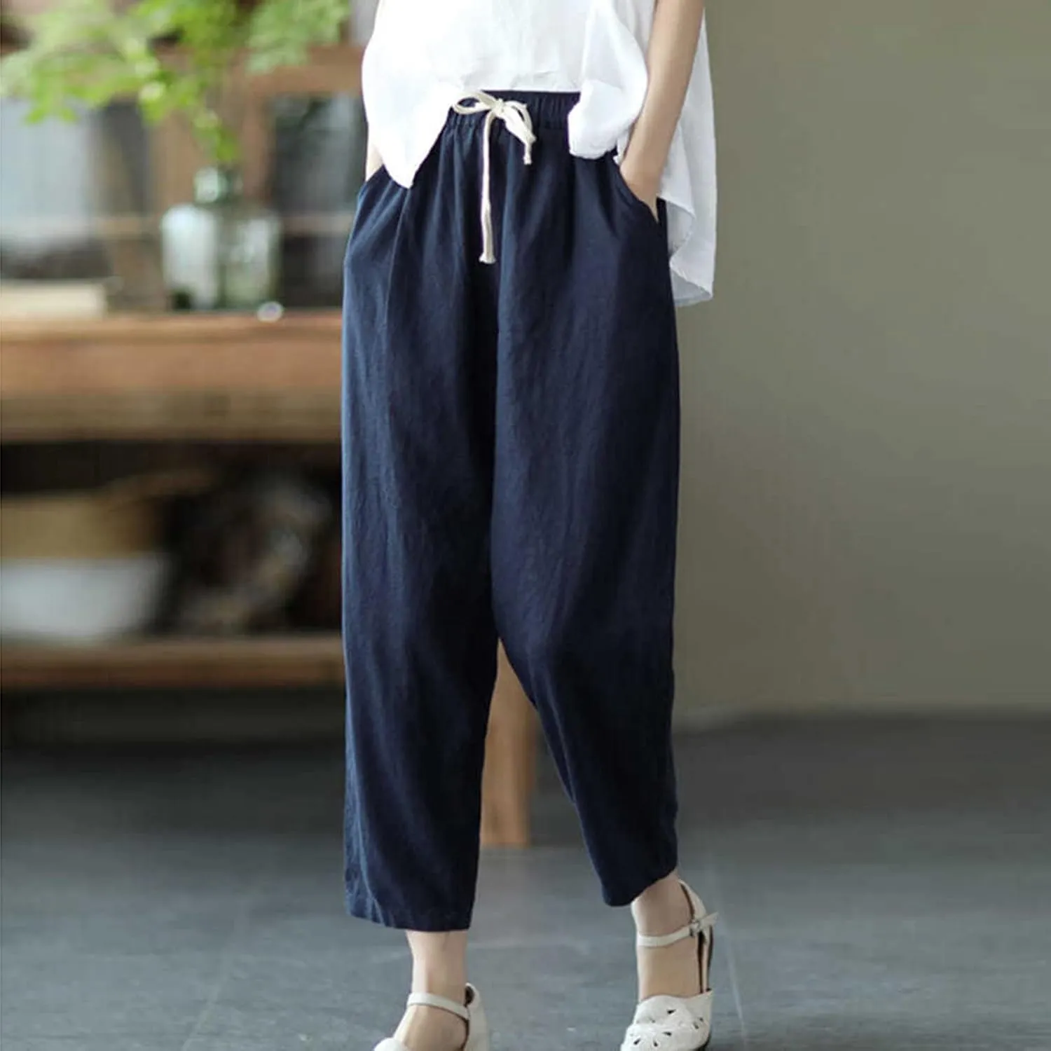 Uillui Womens Cotton Linen Harem Pants Summer Casual Tapered Cropped Baggy Lounge Trouser Lightweight Loose Yoga Capri Pants